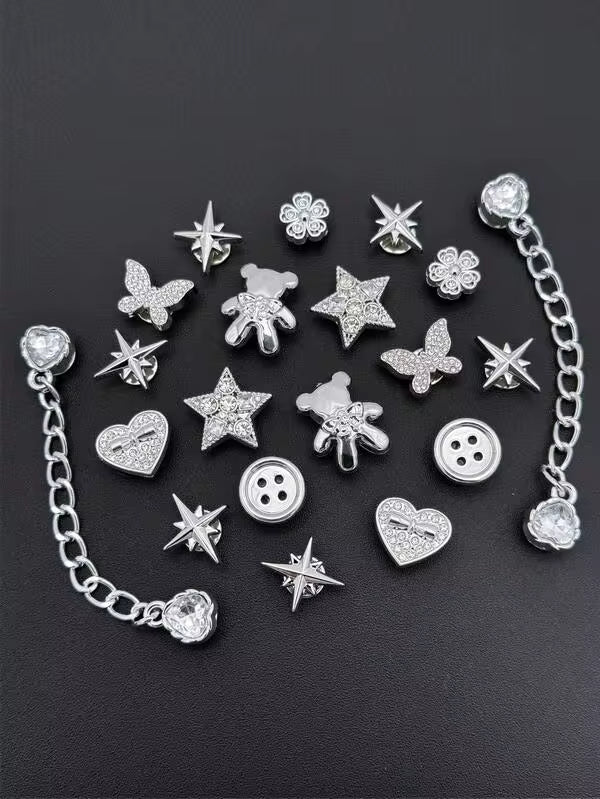 20pcs Silver Bear, Star, Butterfly, Heart Chain Hollow Shoe Clips, Multifunctional Shoe Decor Accessories For Women Sandals, Slippers, Beach Bags, Suitable For Holiday And Birthday Party Gifts